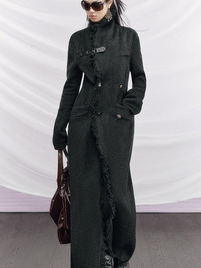 OfAkiva Vintage Slim Wool V-neck Drop Shoulder Single Breasted Women Long Coats
