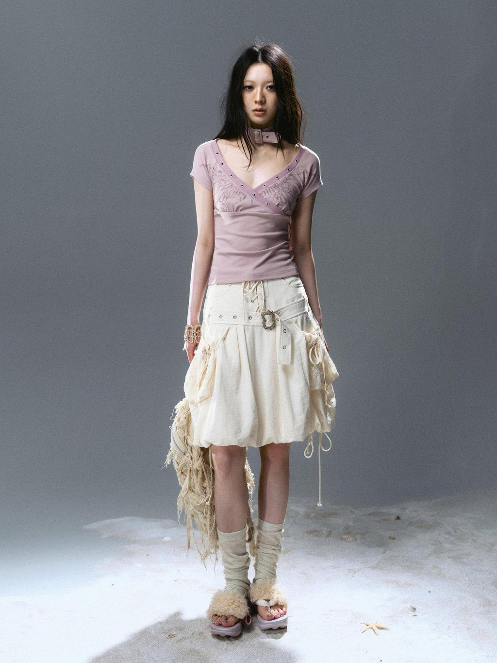 Cest Nous Studded Lace Up Punk Street Loose Fit Mid Waist Bubble Hem Women Gray Midiskirts