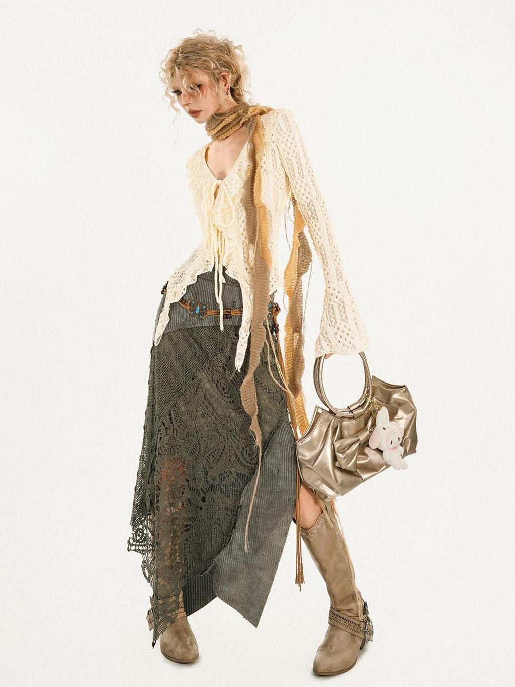 Nico Molly High Waist Asymmetrical Patchwork A Line Lined Women Casual Vintage Maxi Skirts