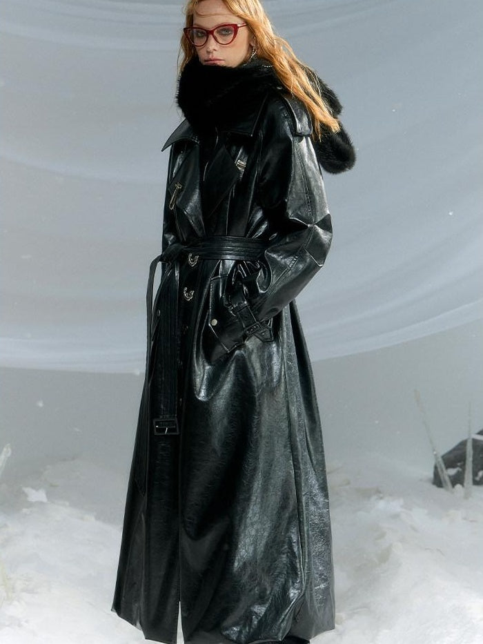 OfAkiva Thick Faux Leather Slim Fit Blazer Collar Pocket Midlength Women Long Coats