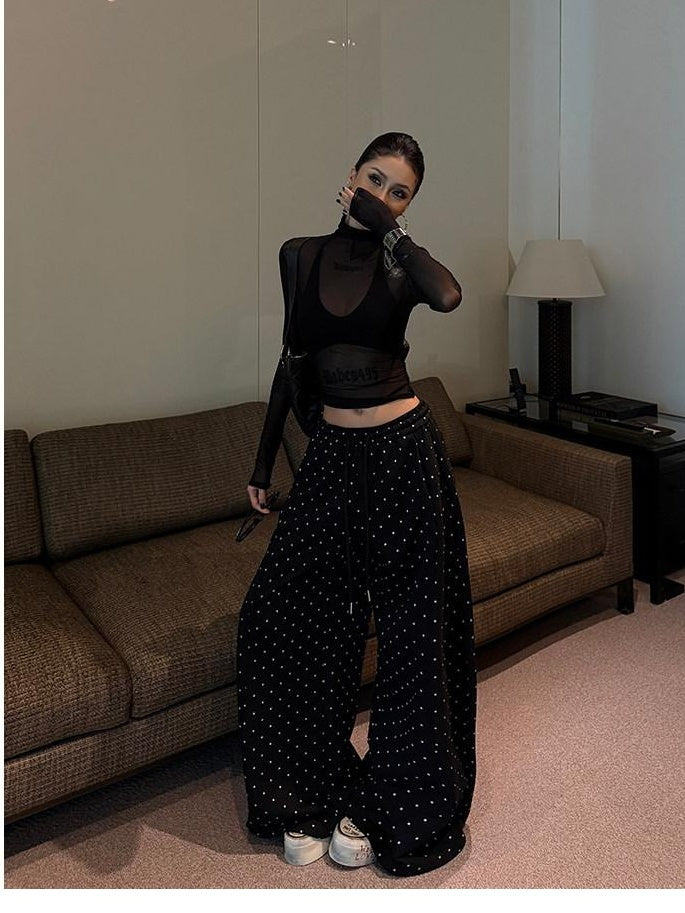 ZERO Polka Dot Cotton Knit Elastic Natural Waist Casual Women Everyday Wide Leg Pants