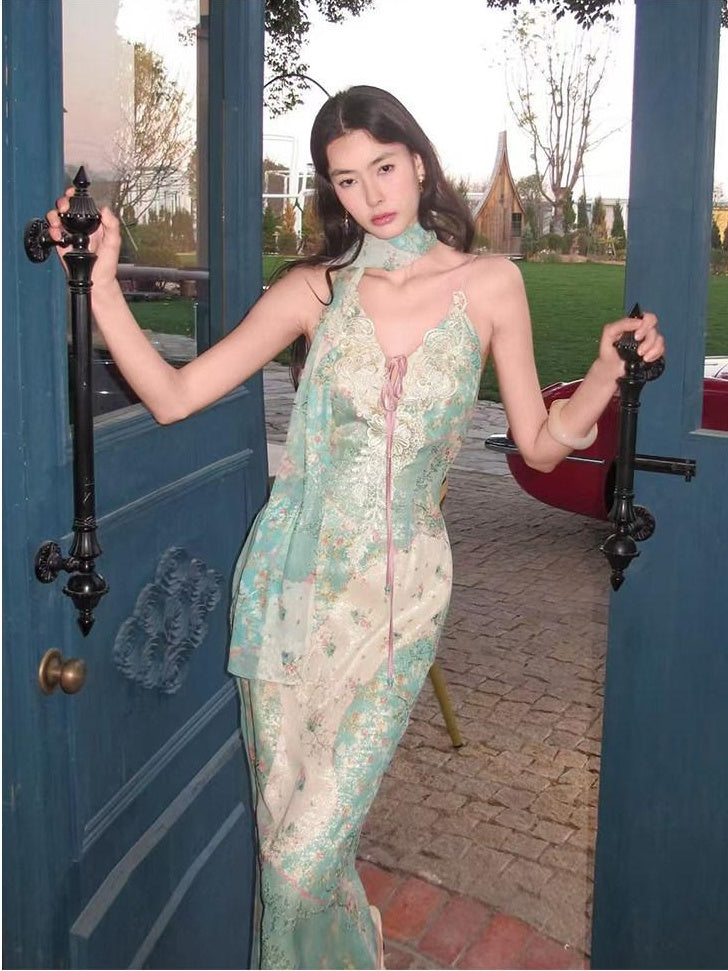 OfAkiva Flattering Cinched Waist Printed V-neck A Line Sleeveless Casual Maxi Dresses