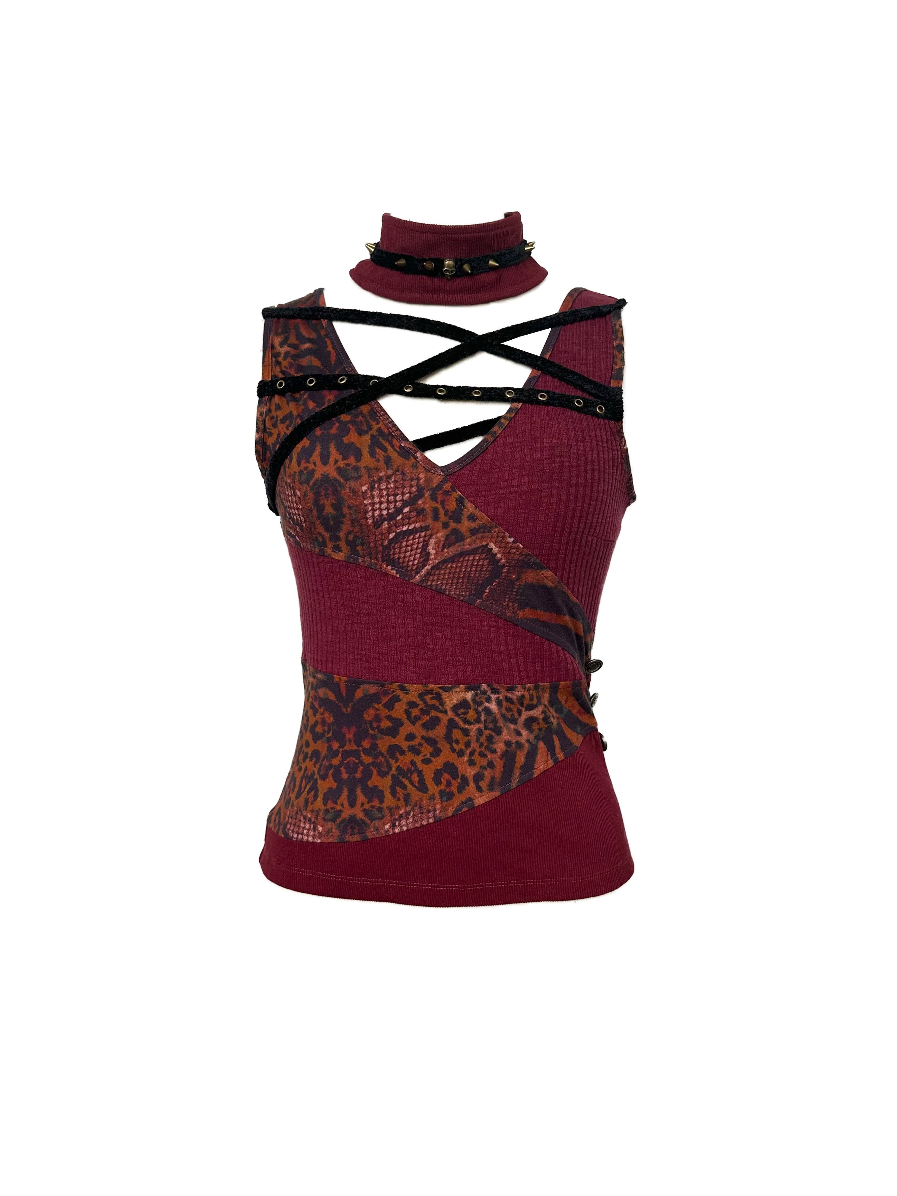 OPEN_AESTHETIC_Original_Design_Slim_Fit_Button_Patchwork_Striped_Women_Dark_Red_Tank_Tops_MISSTT