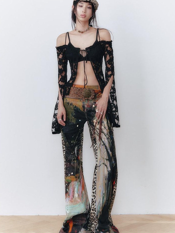 OfAkiva High Waist Leopard Patchwork Commuter Womens Straight Cut Flared Pants