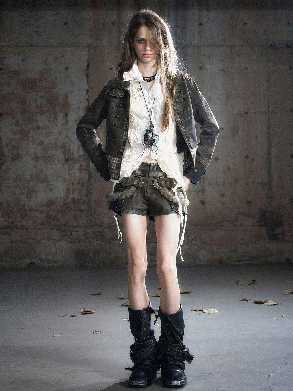 Cest Nous Frayed Punk Stand Collar Camo Cotton Button Long Sleeve Women Croppedjackets