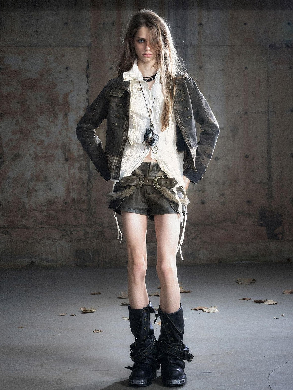 Cest Nous Frayed Punk Stand Collar Camo Cotton Button Long Sleeve Women Croppedjackets