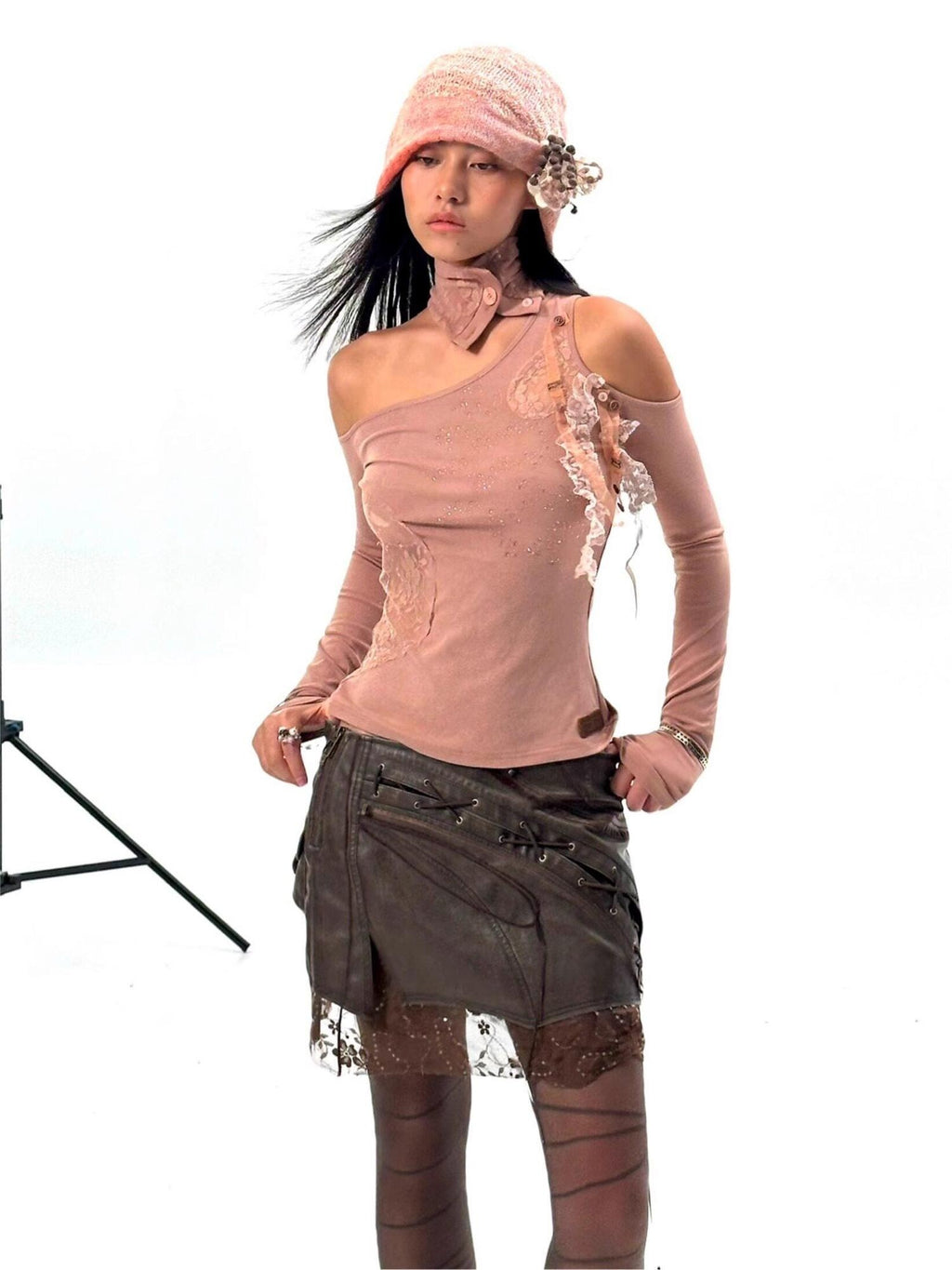 OPEN AESTHETIC Original Design Asymmetrical Shoulder Solid Lotus Pink Long Sleeve T-Shirts