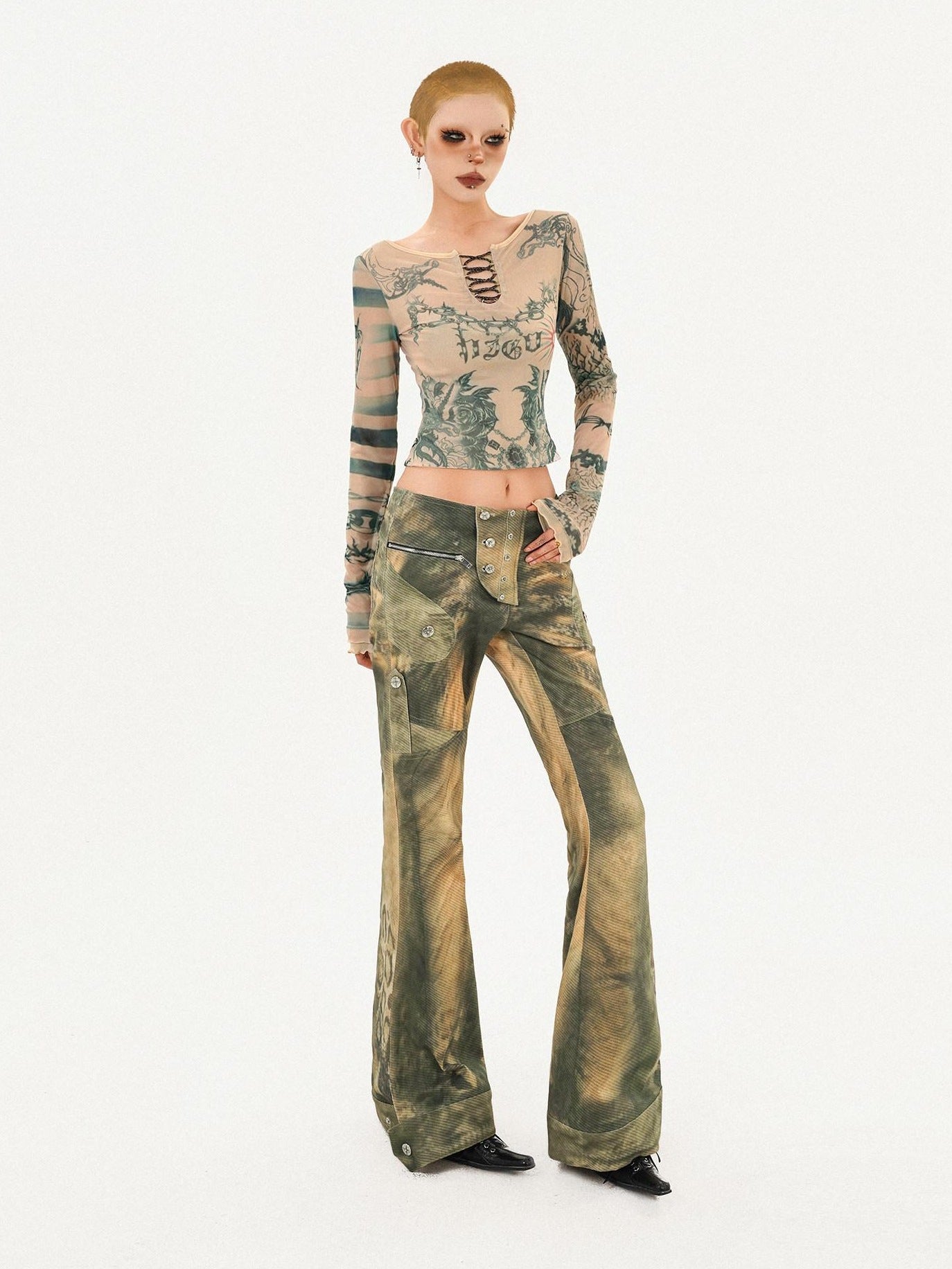 Nico Molly Vintage Tie Dye Floral Mesh Slim Fit Crew Neck Women Long Sleeve Crop Tops