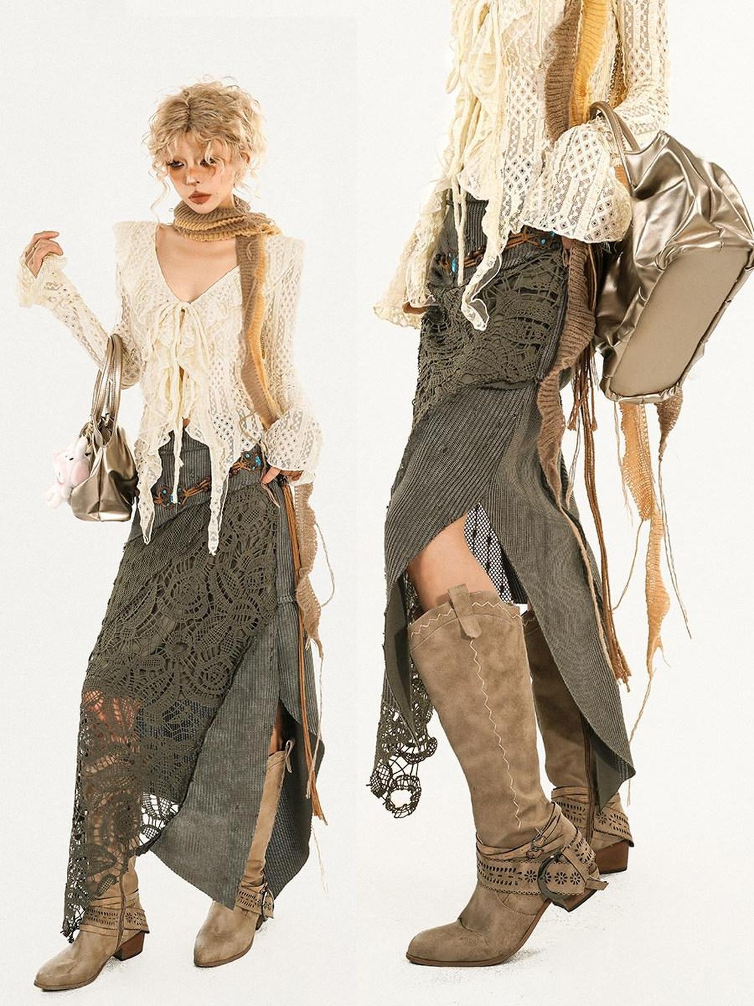 Nico Molly High Waist Asymmetrical Patchwork A Line Lined Women Casual Vintage Maxi Skirts