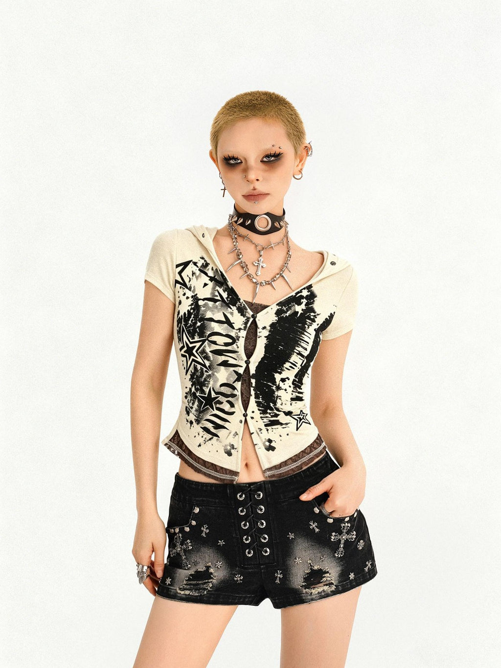 Nico Molly Cinched Waist Lace Skull Punk Faux Two Piece Cropped Women Off White Hoodie