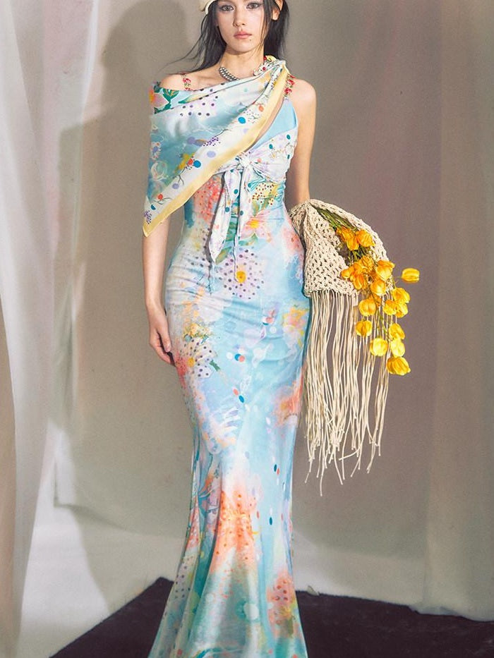 OfAkiva Floral Resort High Waist Sleeveless V-neck Tie Waist Slim Fit Women Maxi Dresses