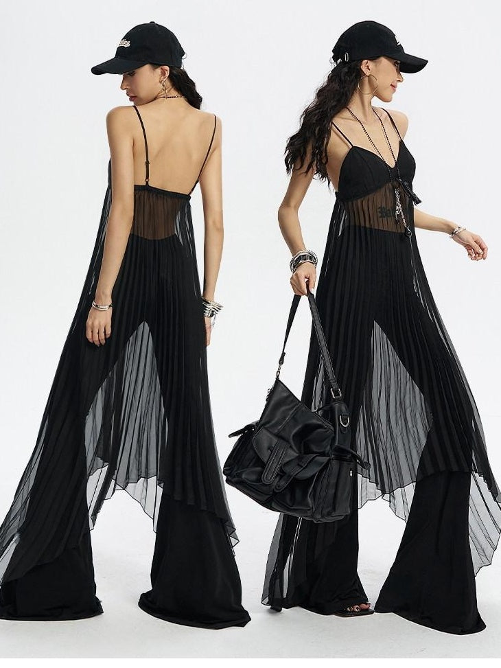 ZERO Soft Pleated Street A Line Cami Strap V-neck Women Polyester Black Midi Dresses