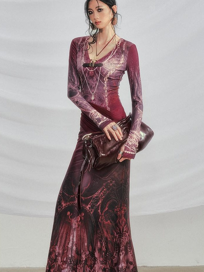 OfAkiva High Stretch High Waist Vintage Floral V-neck Long Sleeve A Line Maxi Dresses