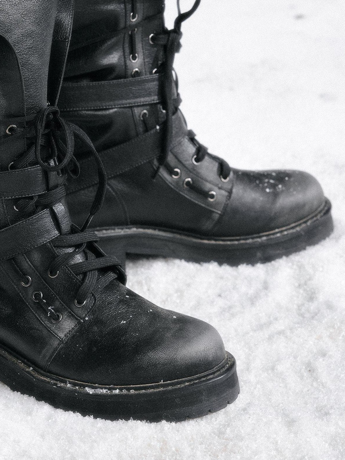 Cest Nous Low Heel Mid Calf Belt Buckle Casual Riding Round Toe Leather Lined Black Boots