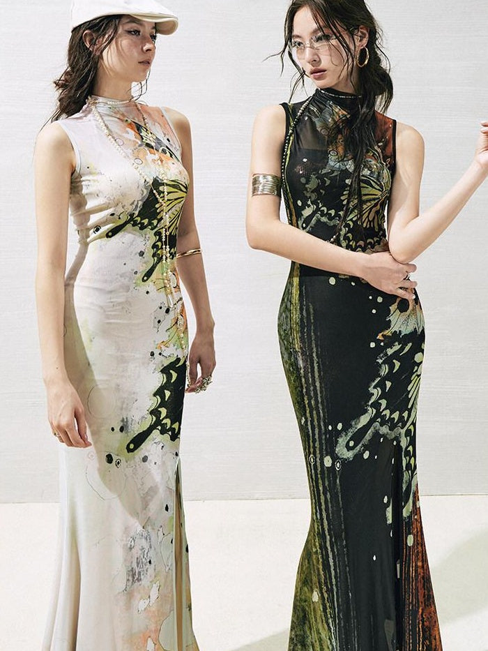 OfAkiva High Waist Sleeveless Printed A Line Hanfu Inspired Women Maxi Dresses