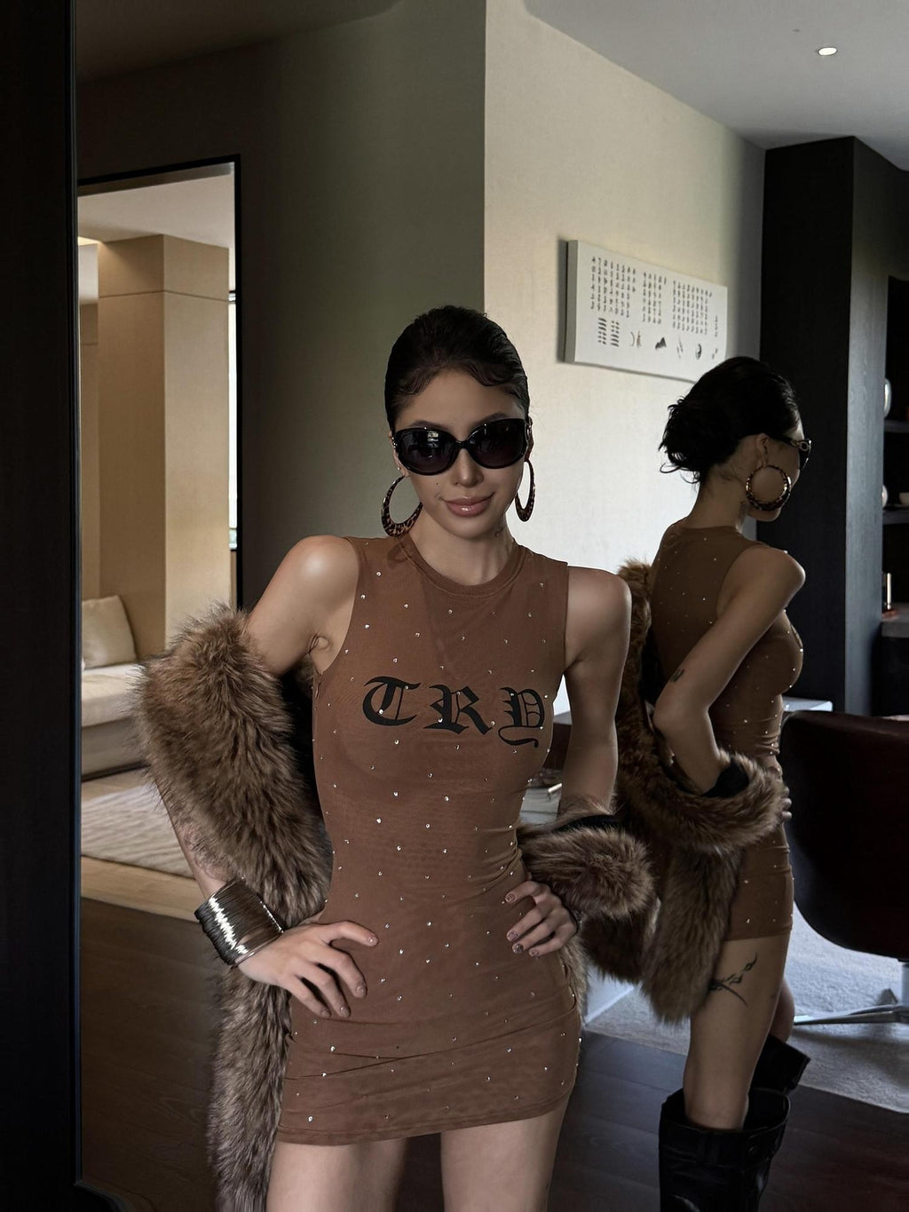 ZERO Rhinestone Stretch Street Bodycon Sleeveless Women Nylon Brown Mini Dresses