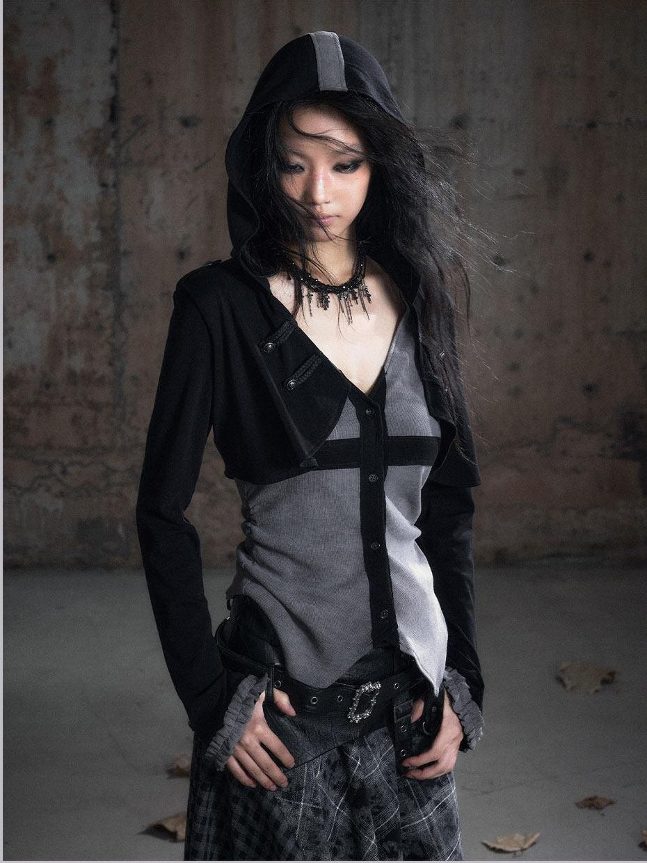 Cest Nous Slim Hooded Patchwork Knit Punk Long Sleeve Open Front Women Black Gray Blouses
