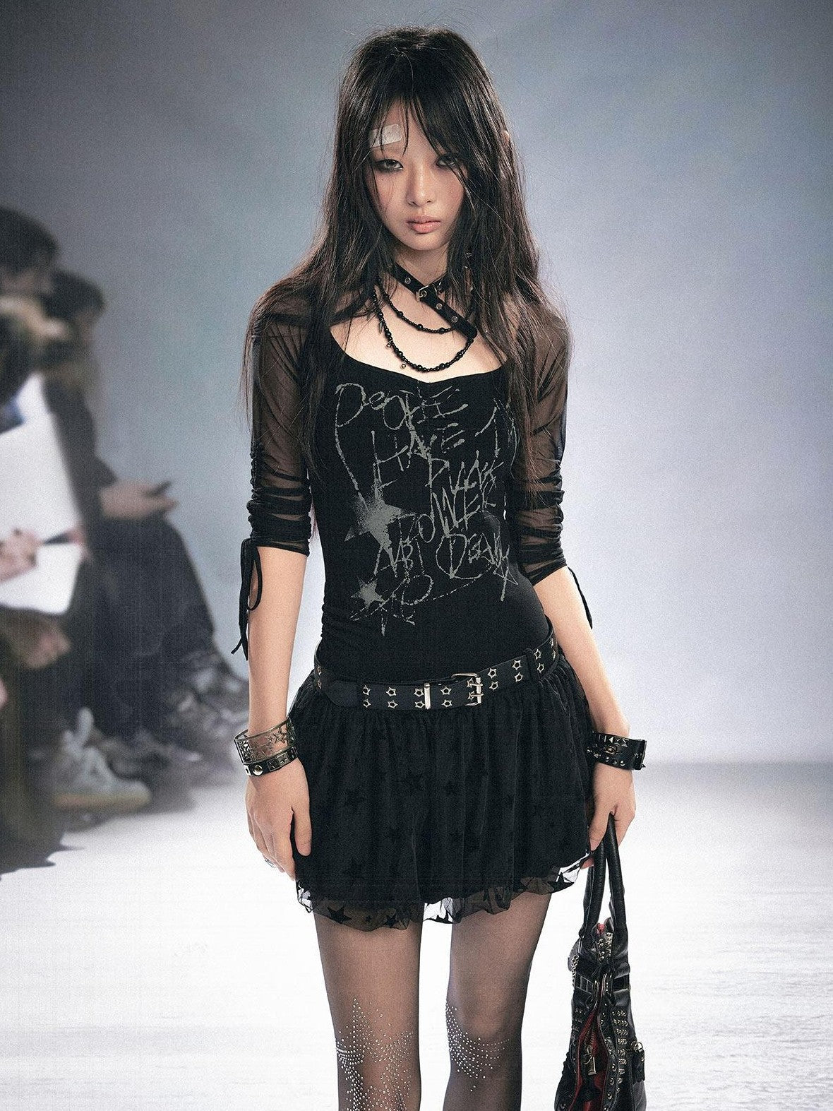 Cest Nous Printed Mesh Stretch Cotton Punk Strappy Puff Skirt Slim Fit Urban Minidresses
