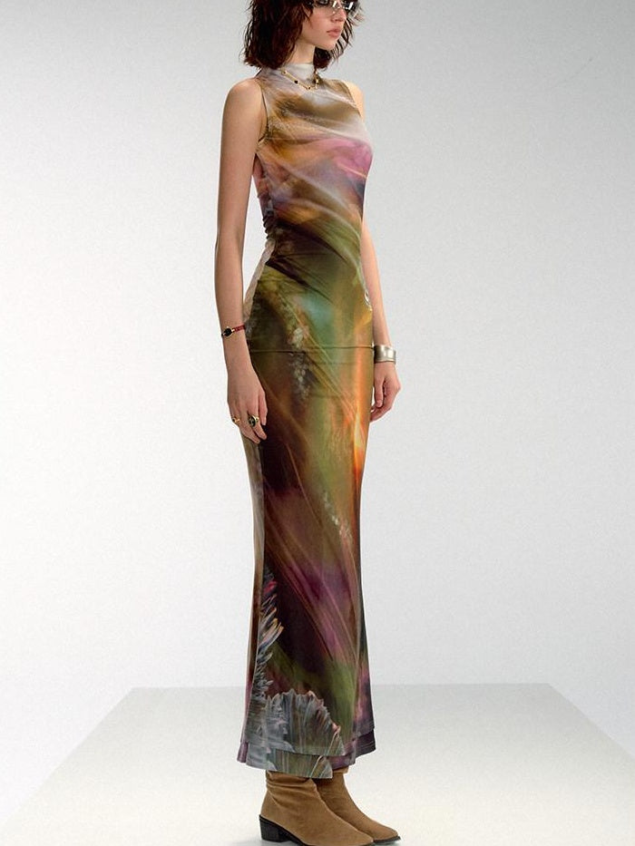 OfAkiva High Waist Mesh Poppy Print Chinese Inspired A Line Womens Maxi Dresses