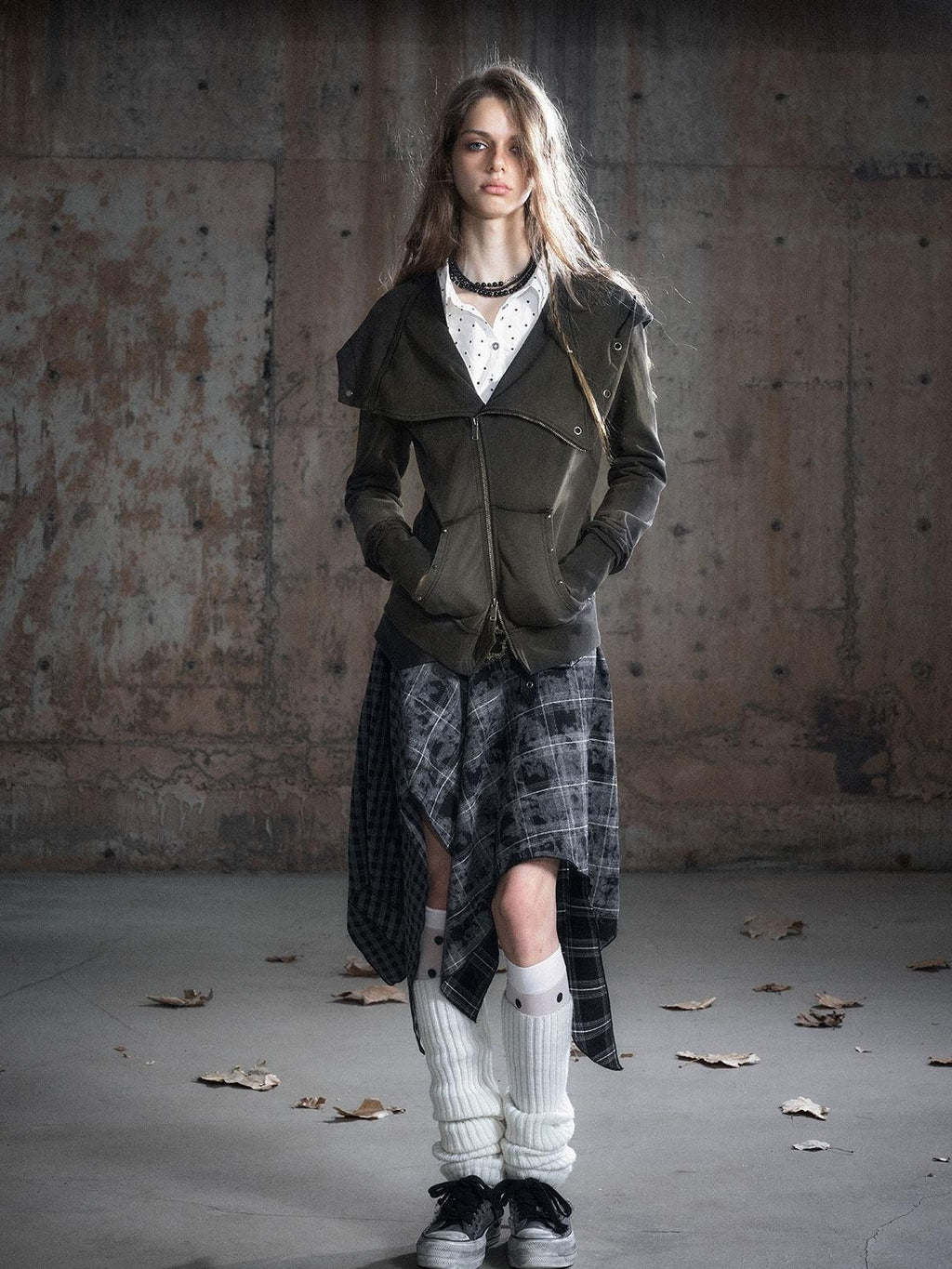 Cest Nous Pu Patchwork Punk Asymmetric Low Waist Youth Daily Wear Cotton Blend Midiskirts