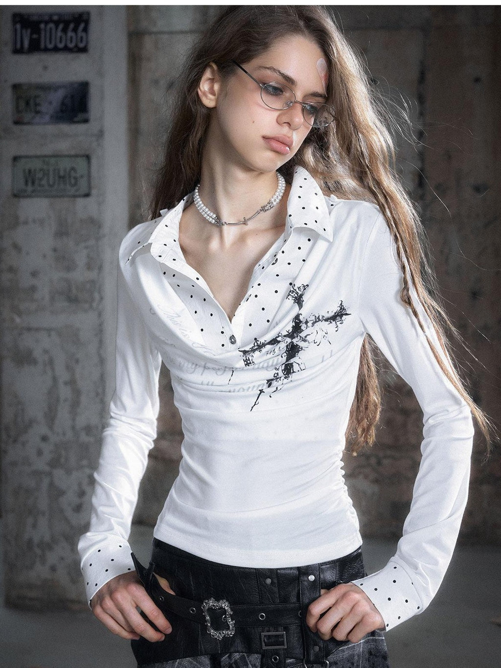 Cest Nous Tencel Non Deforming Punk Slim Printed Polo Collar Women Longsleevet-Shirts
