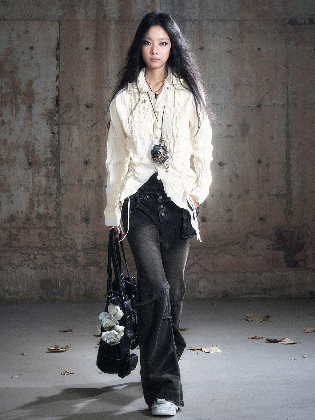 Cest Nous Patchwork Punk Low Waist Asymmetric Women Washed Black Cotton Straightlegjeans