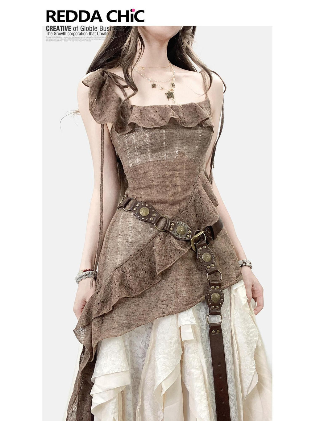 REDDACHIC Vintage Brown Ruffle Asymmetric Cami Women'S High Waist Top & Skirt Sets