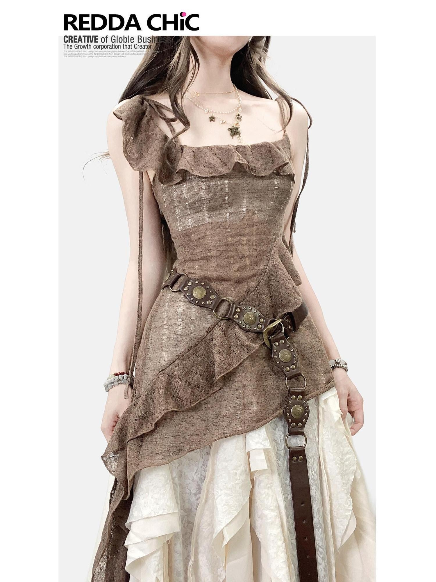 REDDACHIC Vintage Brown Ruffle Asymmetric Cami Women'S High Waist Top & Skirt Sets