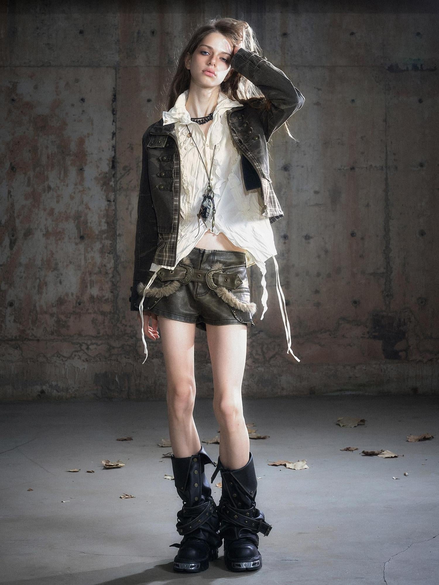 Cest Nous Punk Ruffle Check Straight Cardigan Long Sleeve Womens Casual Polyester Blouses