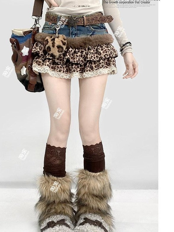 REDDACHIC Leopard Print Patchwork Tiered Cake Women'S Lace Denim Mini Skirts