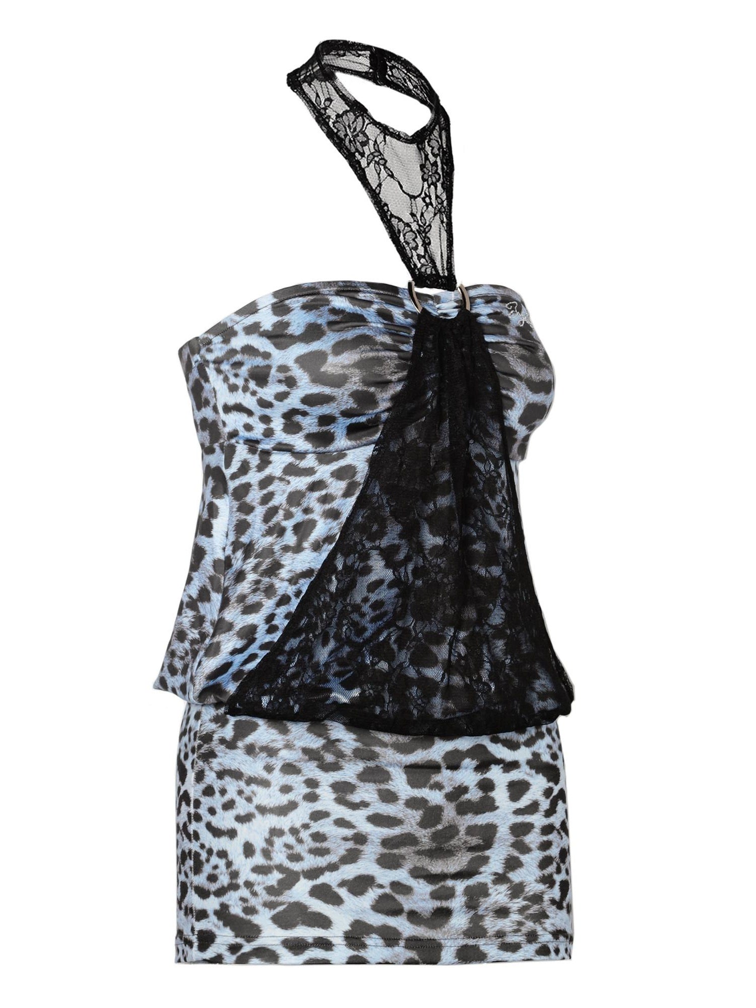 JYOSEI Blue Leopard Panel Halter Neck Fitted Waist Euro Chic Casual Women Mini Dresses