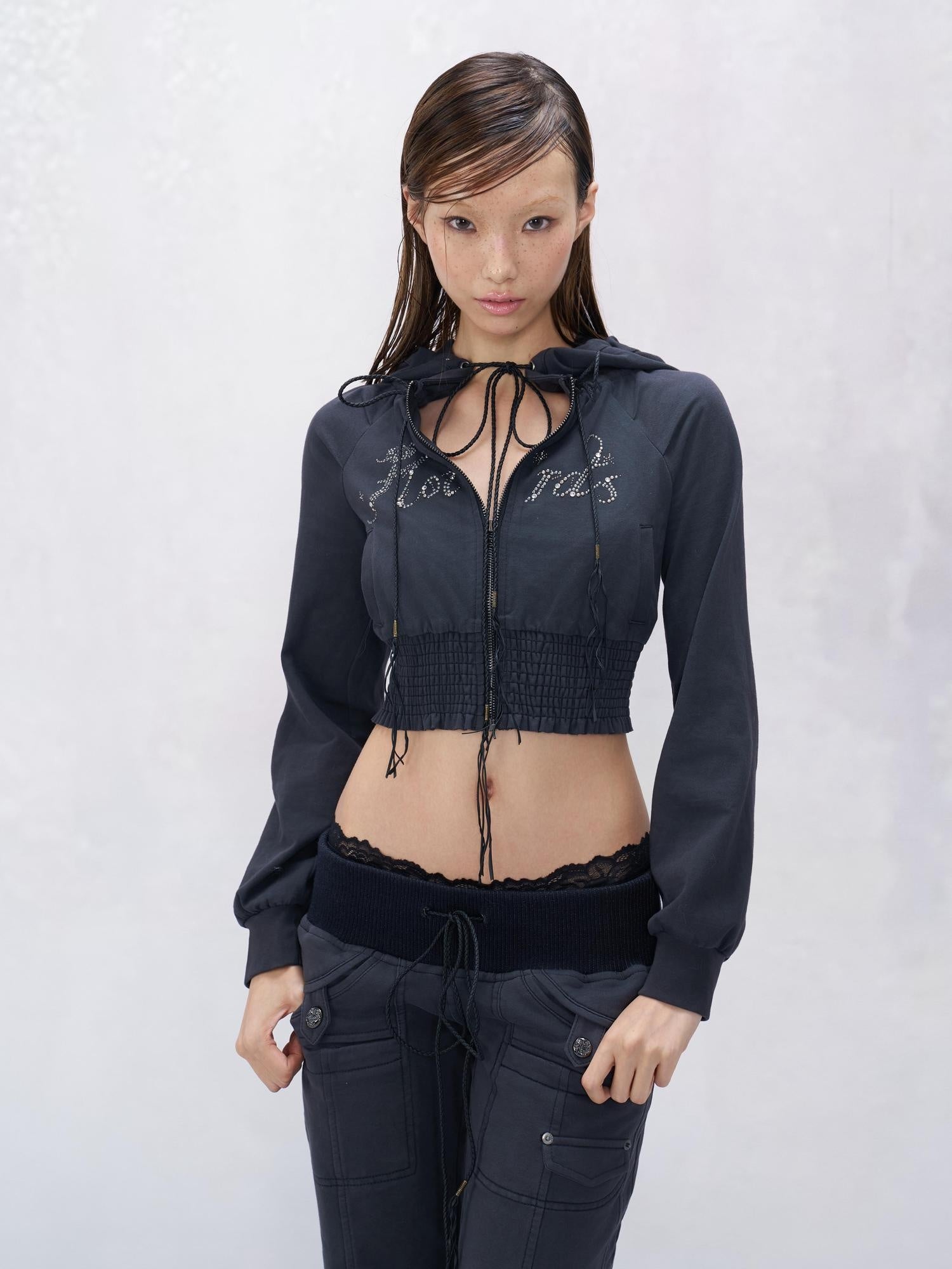 Flowers birds Market Soft Cotton Slim Fit Cropped Zip Up Hooded Streetwear Women Blue Purple Hoodies