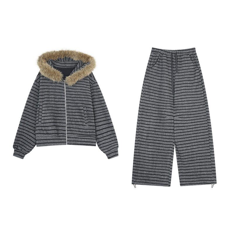 ZERO_Thick_Striped_Light_Stretch_Long_Sleeve_Casual_Women_Top_&_Pants_Sets_MISSTT