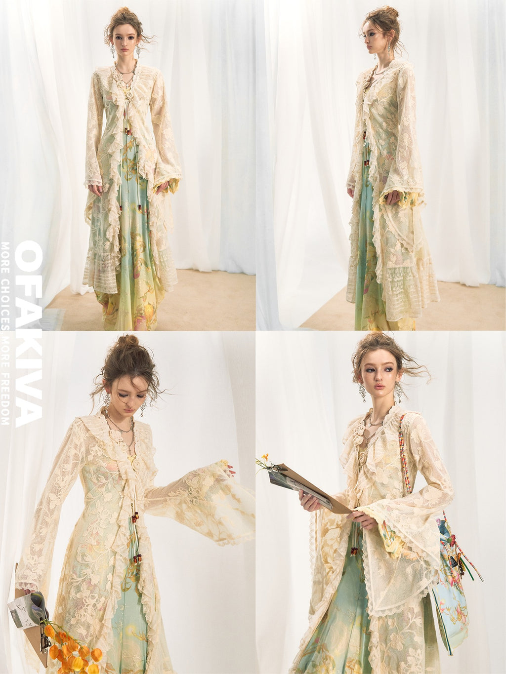 OfAkiva Breathable Lace Floral Tie Waist Slim Long Sleeve Casual Spliced Women Cardigans