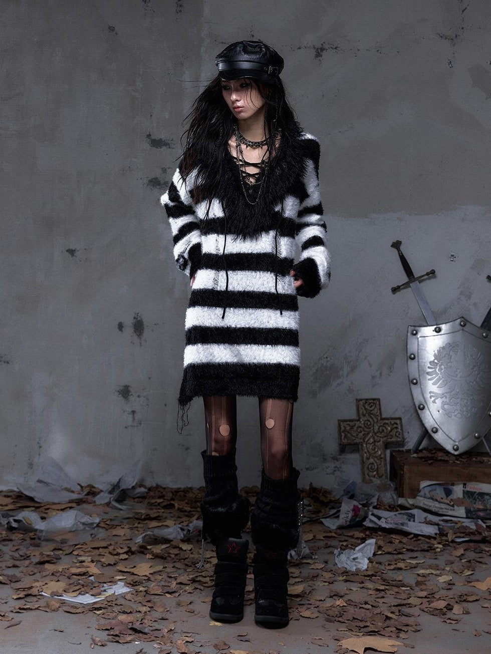 NO ROMANCE Vintage Punk Distressed Striped Women'S Faux Mink Low Neck Loose Long Sweaters