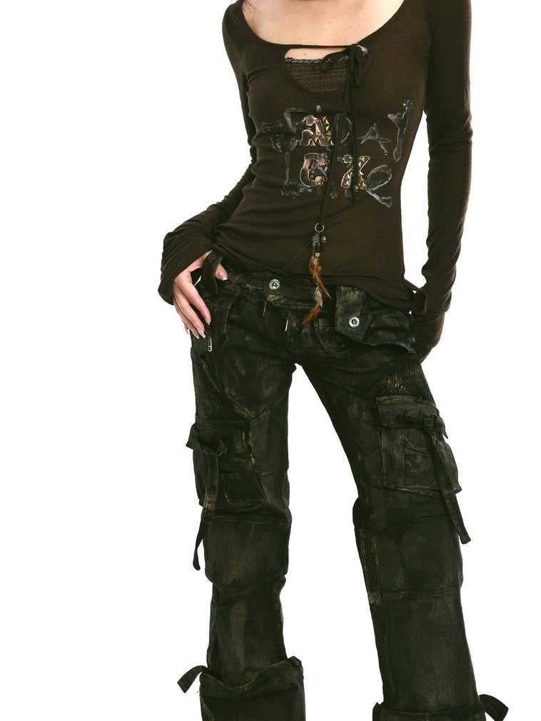 OPEN AESTHETIC Studded Leather Patch Creative Letter Print Slim Fit Women Long Sleeve T-Shirts