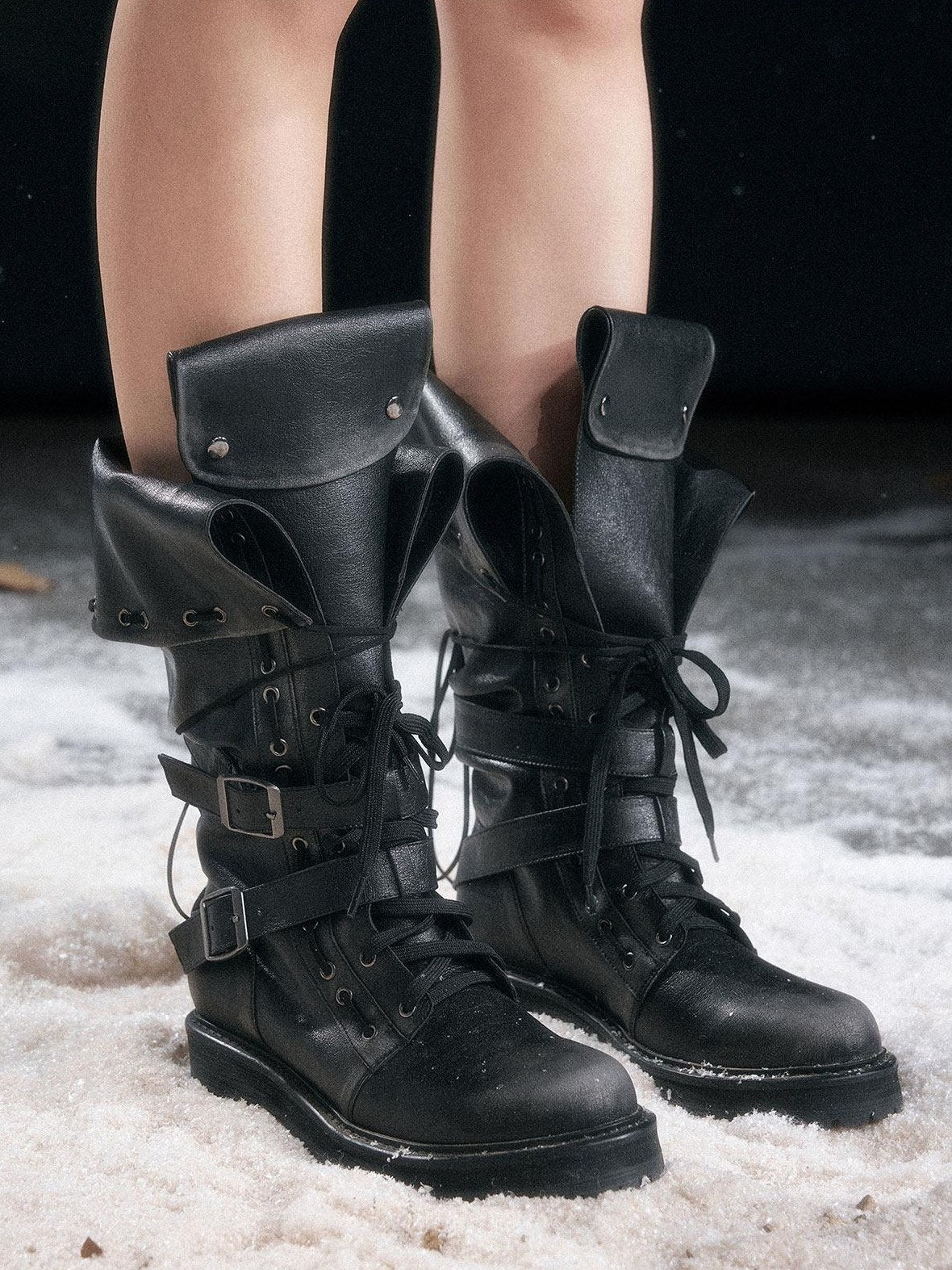 Cest Nous Low Heel Mid Calf Belt Buckle Casual Riding Round Toe Leather Lined Black Boots
