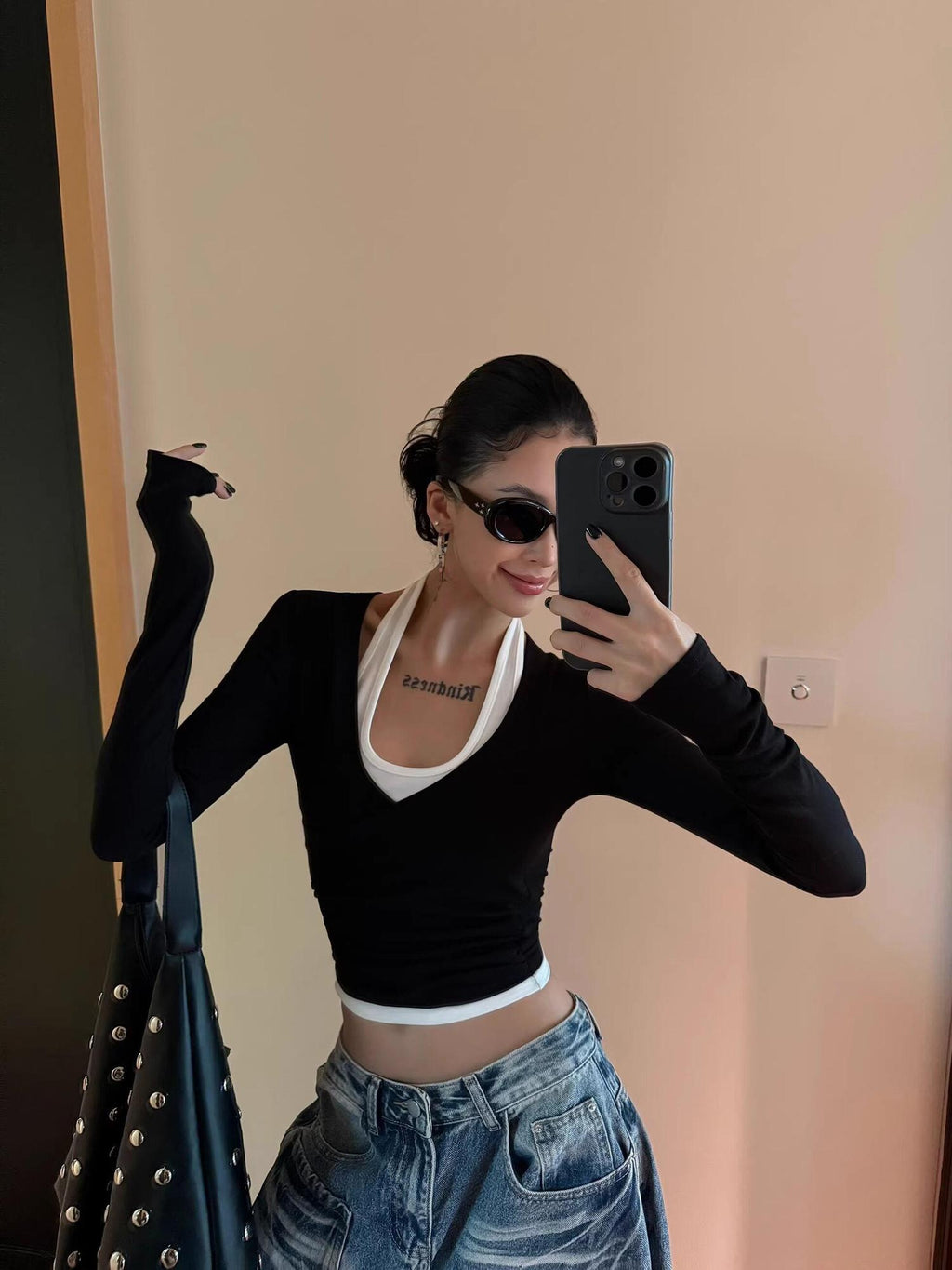 ZERO Faux Two Piece Slim Korean U Neck Cropped Pullover Women Viscose Knitwear