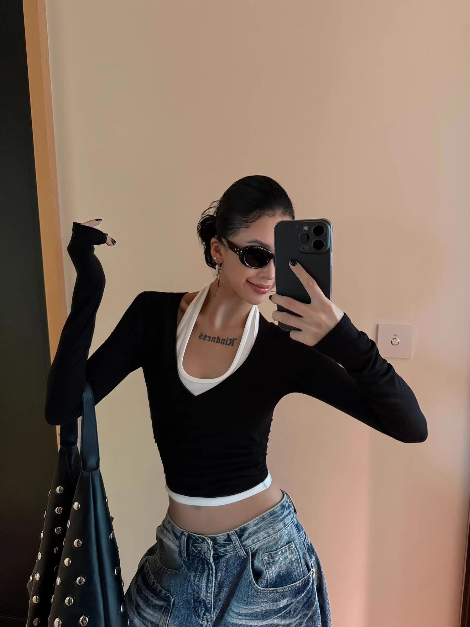 ZERO Faux Two Piece Slim Korean U Neck Cropped Pullover Women Viscose Knitwear