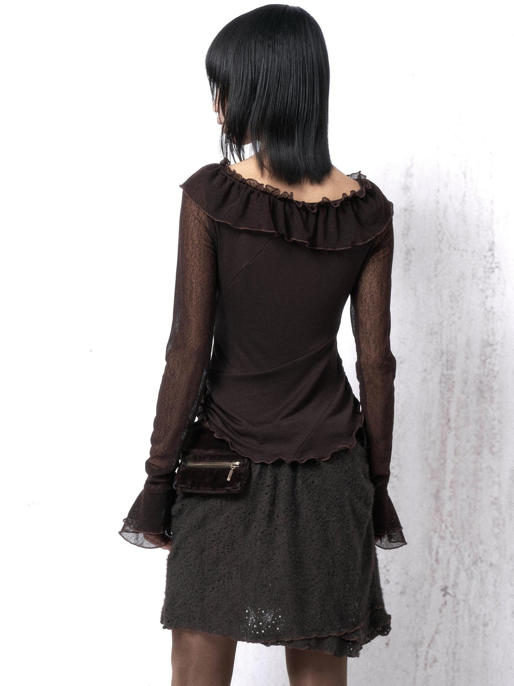 OPEN AESTHETIC Cotton Blend Vintage Lace Print Slim Bell Sleeve Dark Brown Long Sleeve T-Shirts