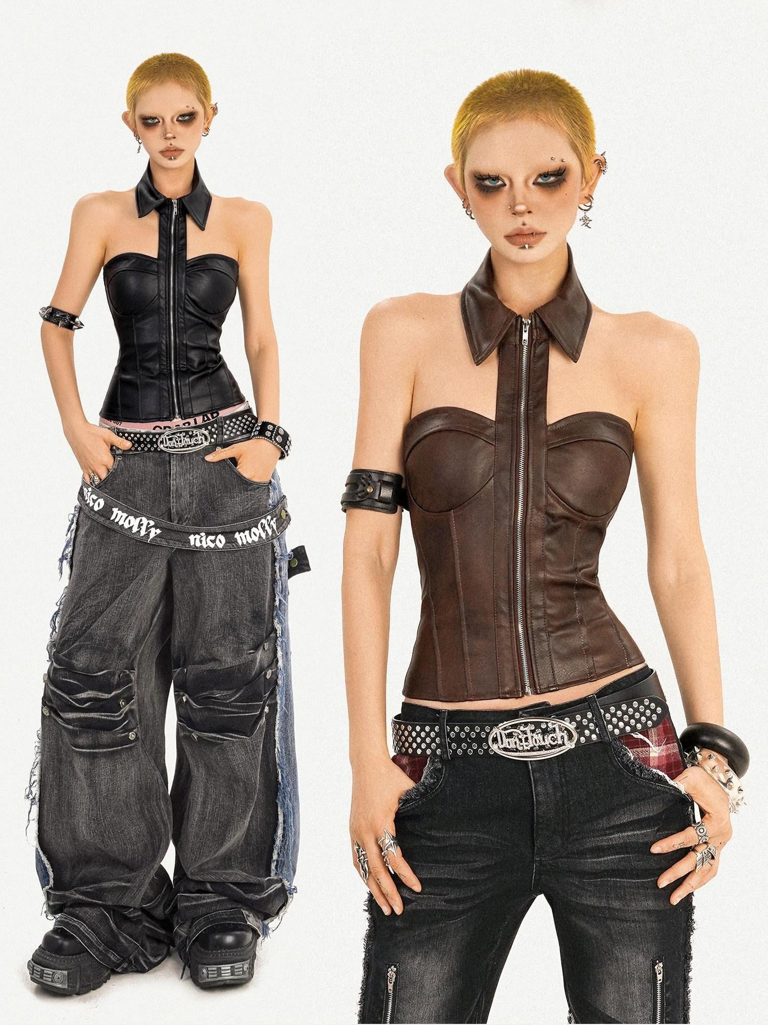 Nico Molly Pu Faux Leather Padded Zipper Crop Sexy Halter Collar Slim Women Camisoles