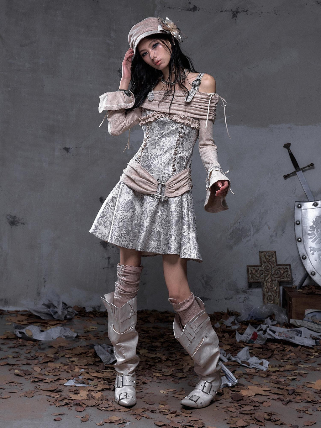 NO ROMANCE Punk Leather Trim One Shoulder Long Sleeve Aline Women'S Knit Mini Dresses