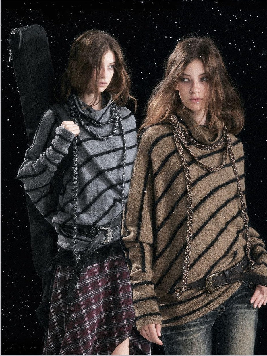 Cest Nous Cozy Thick Street Oversized Batwing Turtleneck Tie Front Women Striped Sweaters
