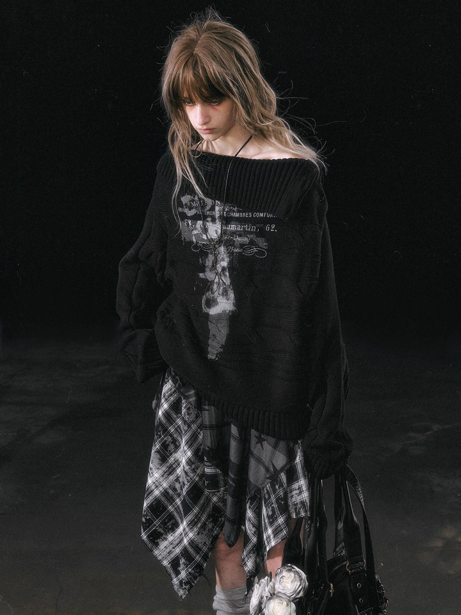 Cest Nous Patchwork Asymmetrical Punk Plaid A Line Mid Waist Women Cotton Midiskirts