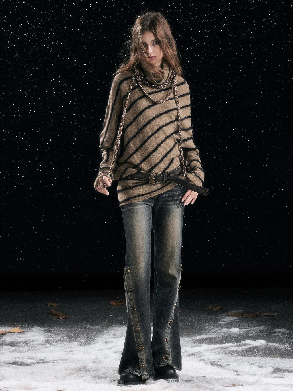 Cest Nous Cozy Thick Street Oversized Batwing Turtleneck Tie Front Women Striped Sweaters