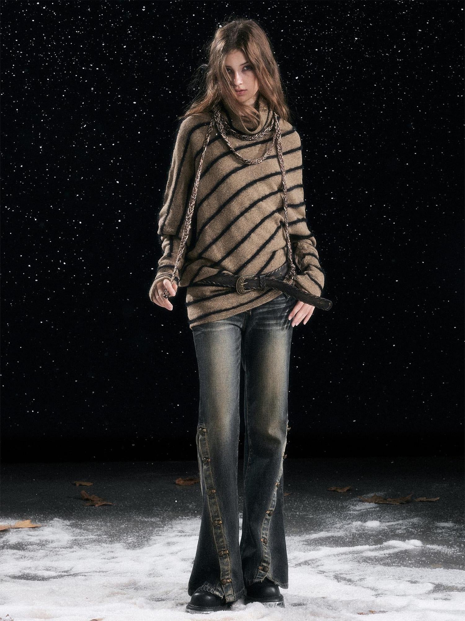 Cest Nous Cozy Thick Street Oversized Batwing Turtleneck Tie Front Women Striped Sweaters