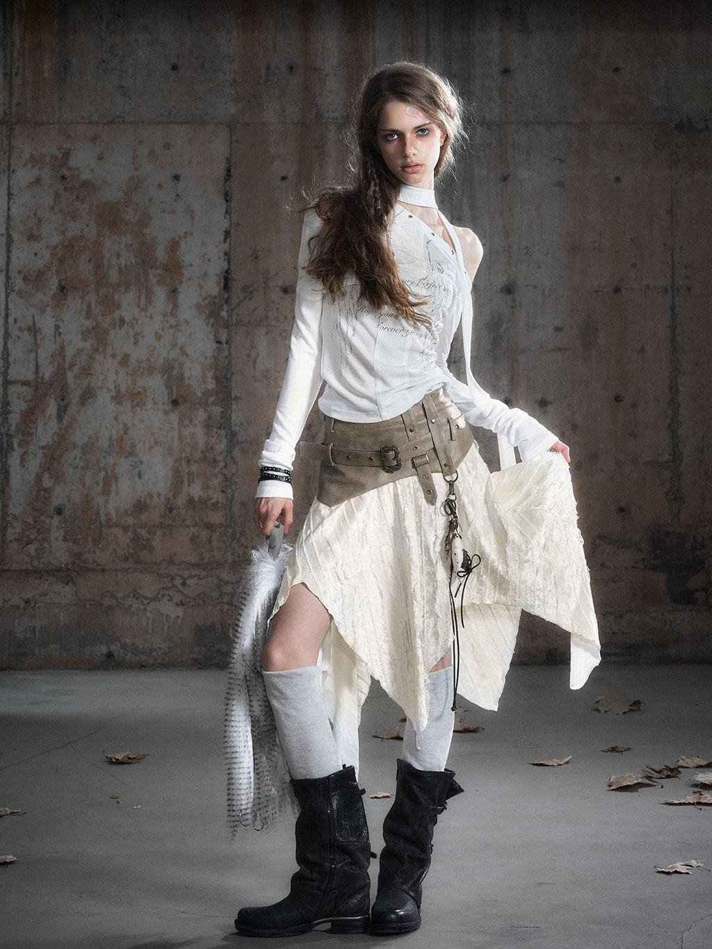 Cest Nous Pu Patchwork Punk Asymmetric Low Waist Youth Daily Wear Cotton Blend Midiskirts