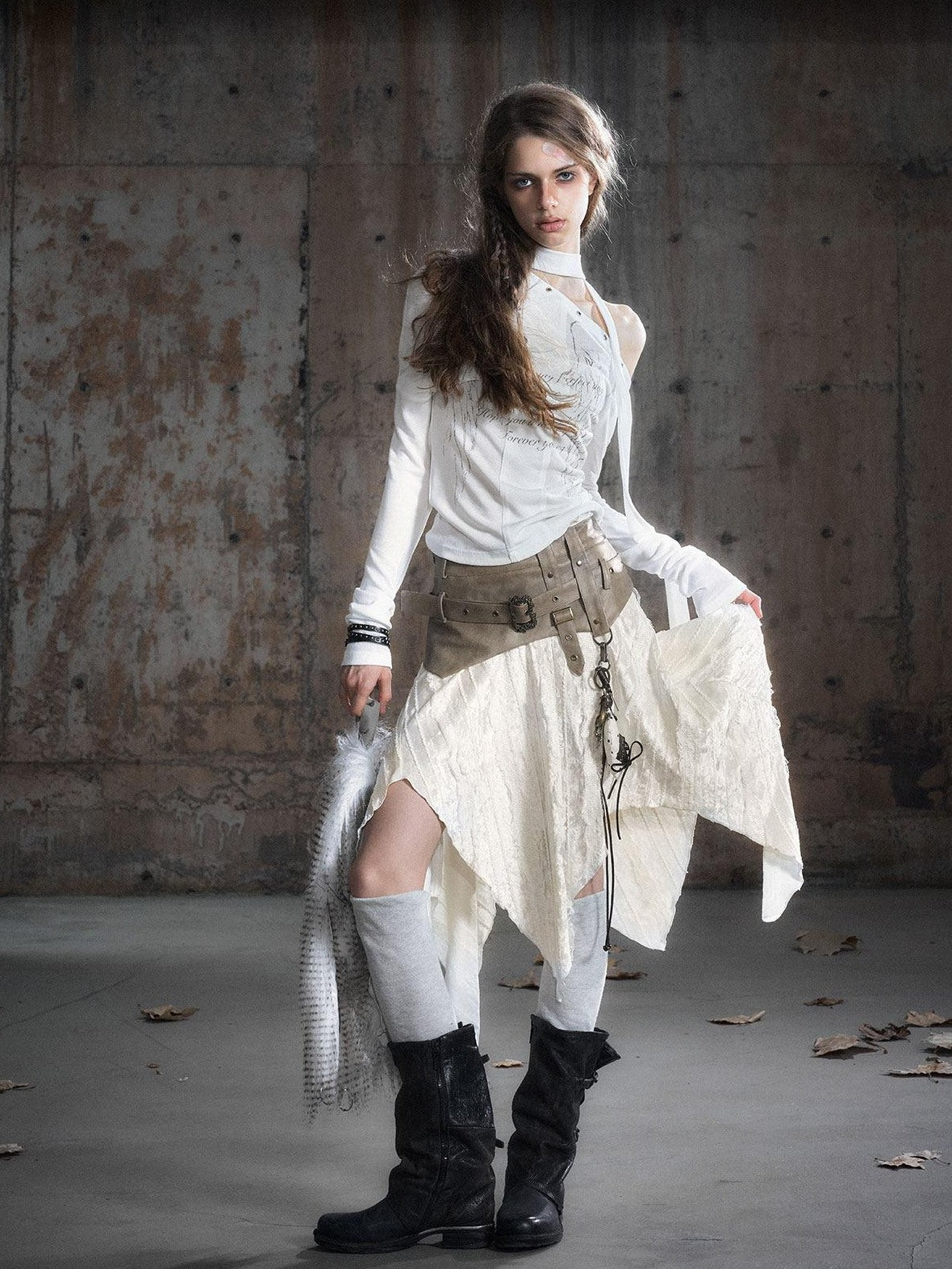 Cest Nous Pu Patchwork Punk Asymmetric Low Waist Youth Daily Wear Cotton Blend Midiskirts