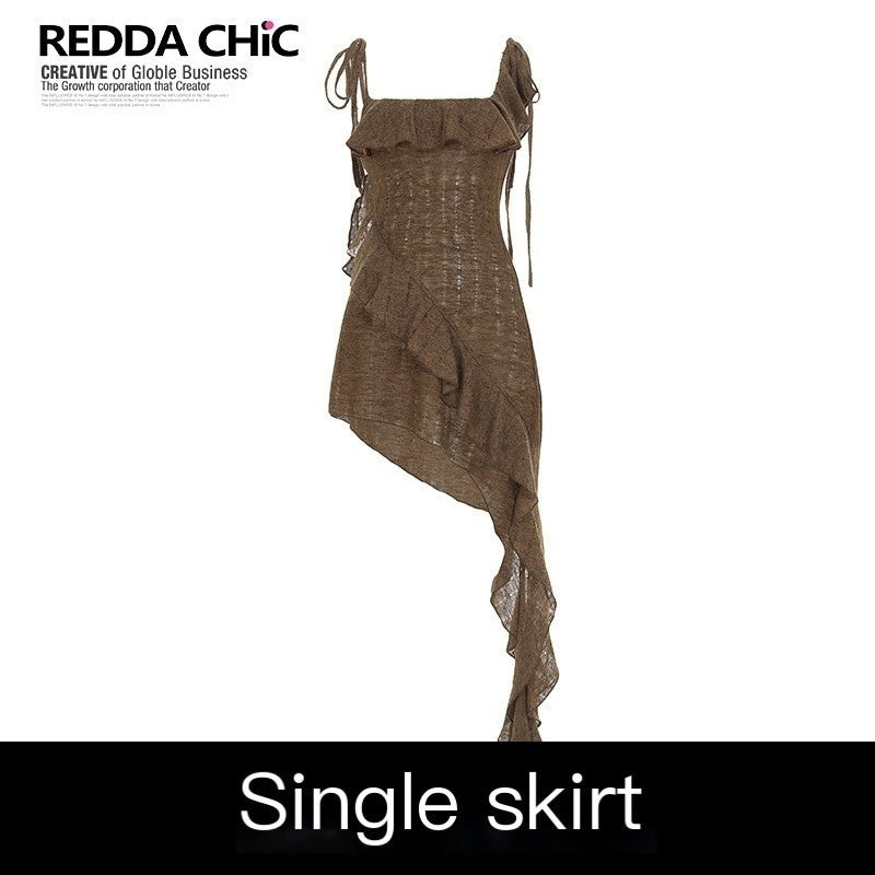 REDDACHIC_Vintage_Brown_Ruffle_Asymmetric_Cami_Women'S_High_Waist_Top_&_Skirt_Sets_MISSTT