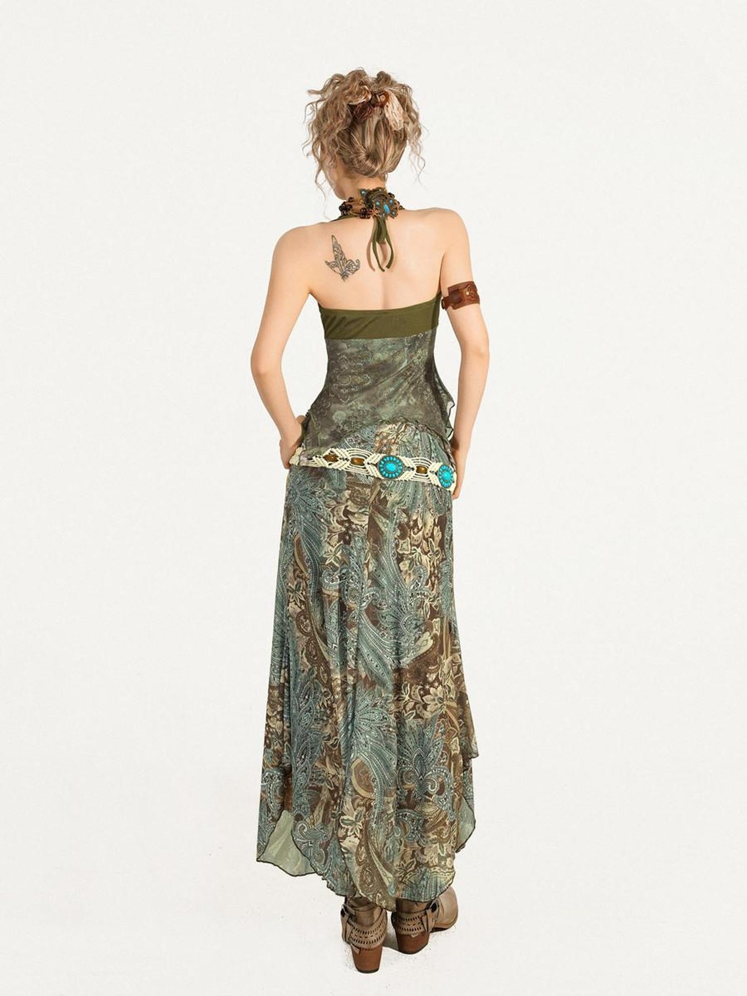 Nico Molly Floral Patchwork V-neck Slim Fit Sleeveless Women Printed Green Top & Skirt Sets
